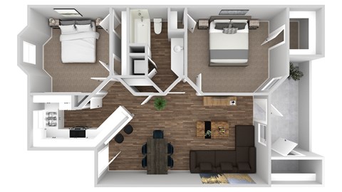 Floor plan for 2 beds, 1 bath, 894 sqft